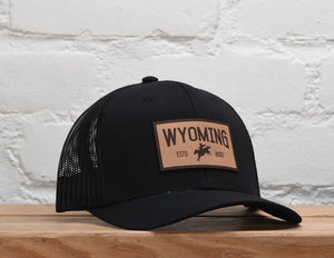 Wyoming Cowboy Leather Patch Snapback - Black
